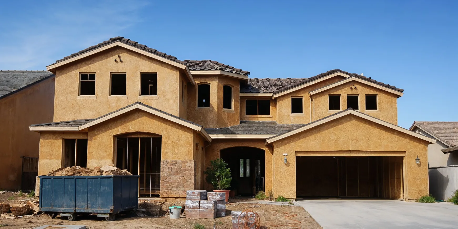 Custom home under construction in Los Angeles with exposed framing, unfinished exterior, and construction materials