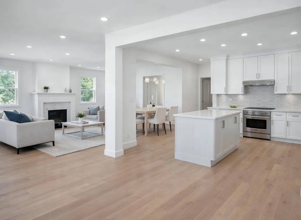 Home remodeling project in Los Angeles featuring open concept living room, dining area, and modern kitchen renovation.