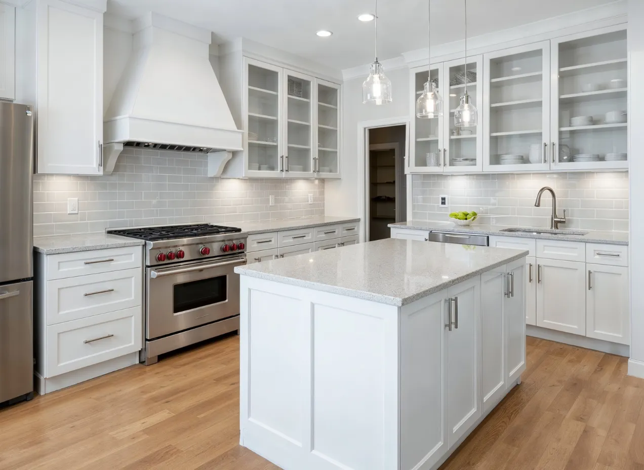 Modern kitchen remodeling project in Los Angeles with white cabinets, quartz island, stainless appliances, and pendant lighting.