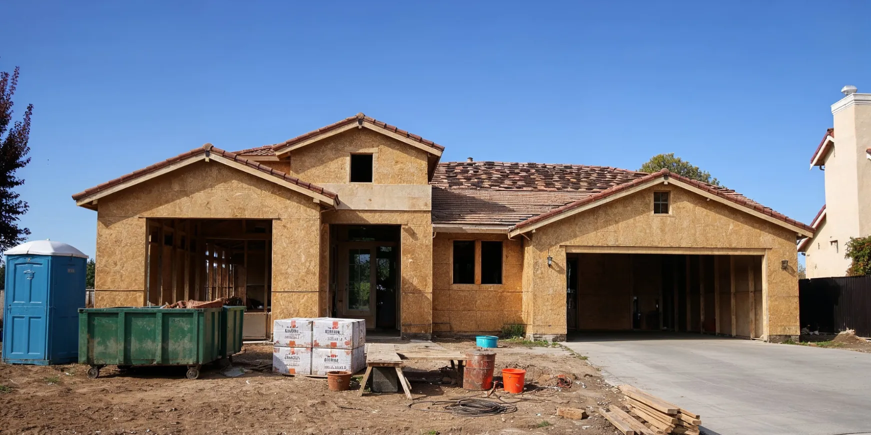 New home construction in Los Angeles during framing stage with exposed structure, construction materials, and job site setup