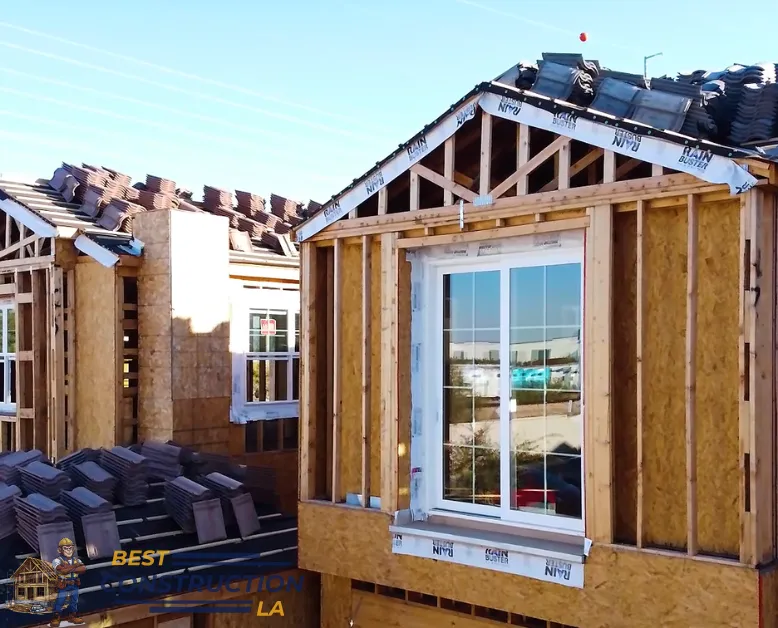 Modern new home construction project in Los Angeles with completed exterior and framing stages