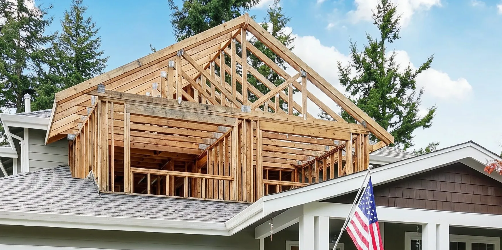 Room addition construction in Los Angeles showing second story home expansion and structural framing